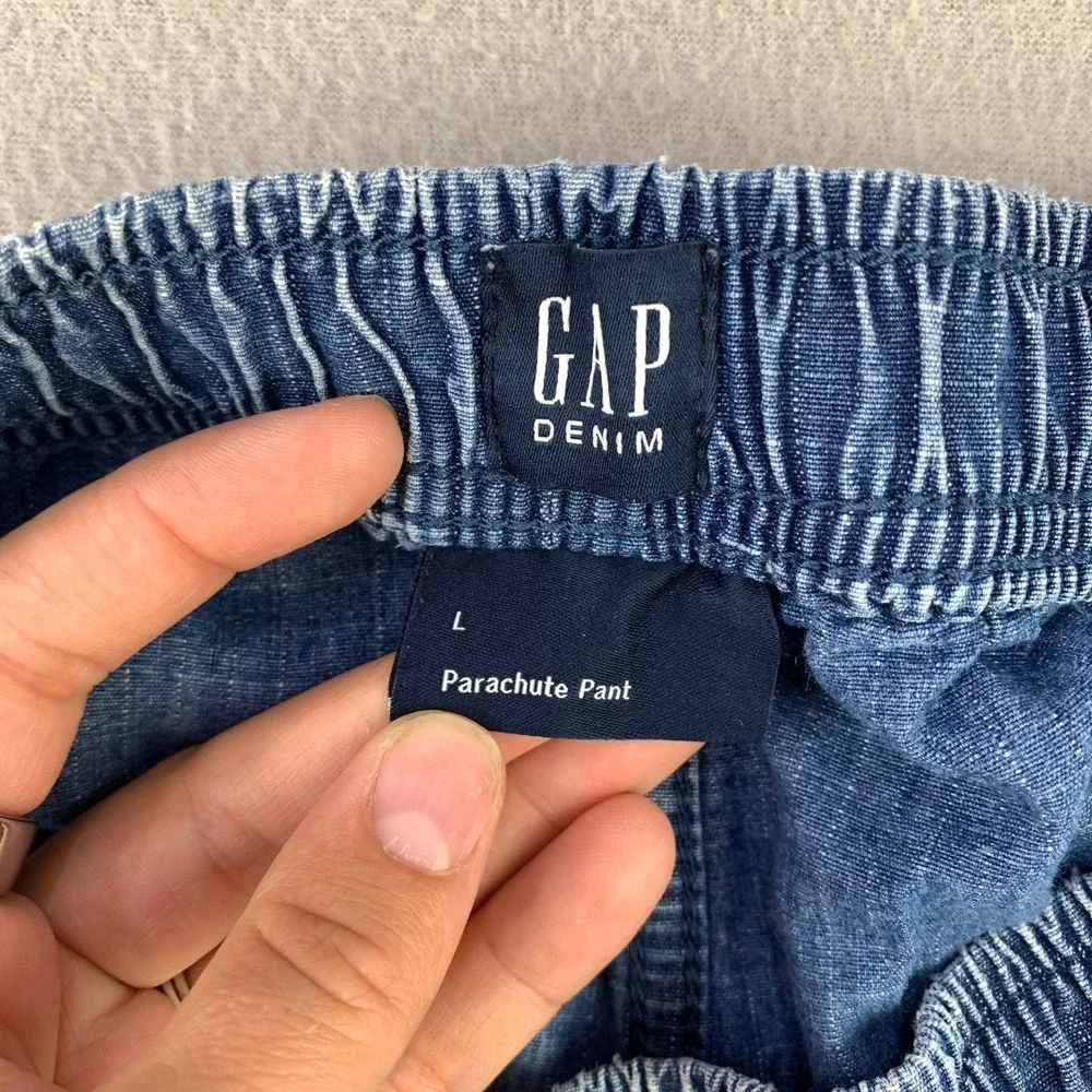 GAP Parachute Pant Cargo Pants Kids L Blue Denim Elastic Waist Snap Hem Utility